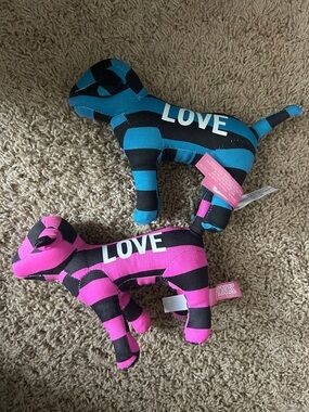 PINK Victoria's Secret Striped Dog Plush Pair in Blue & Pink